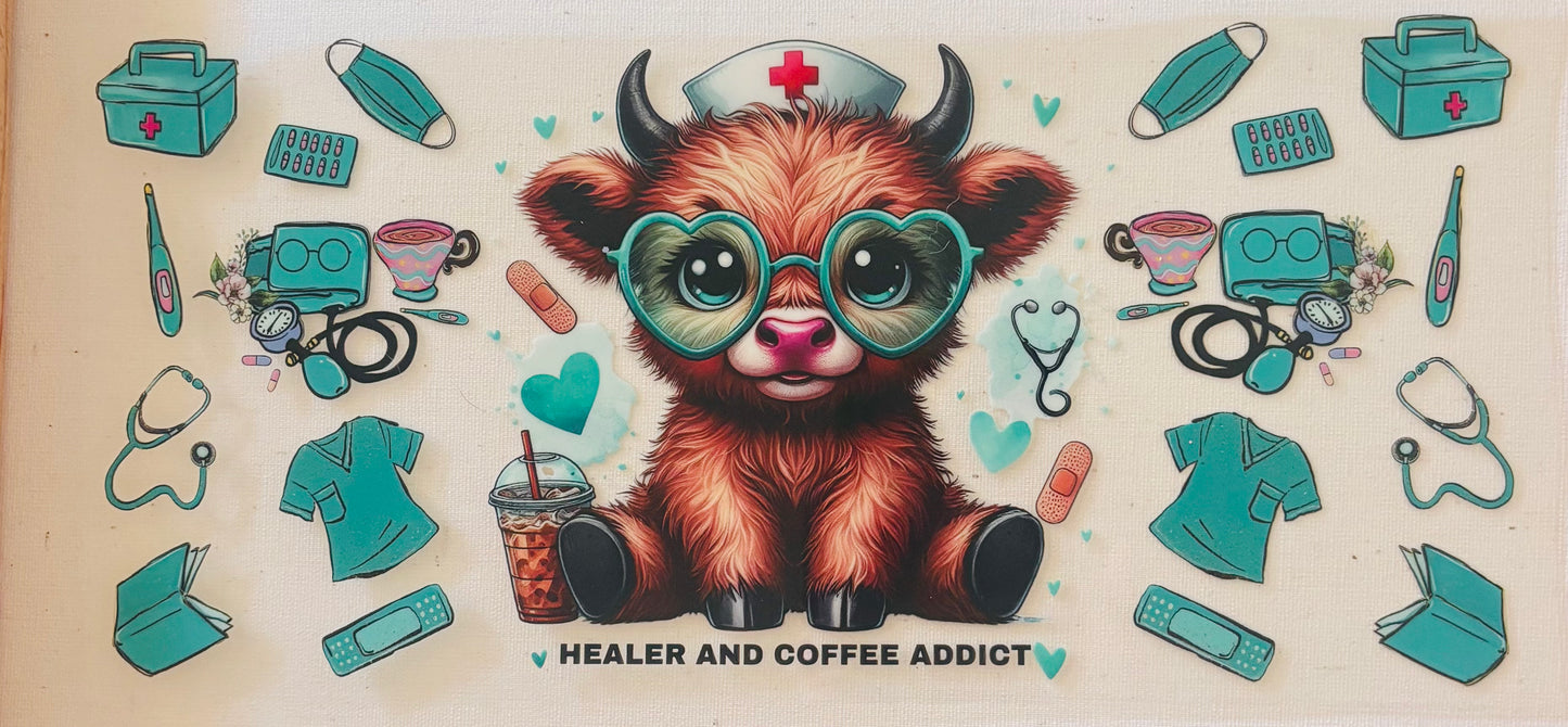 Nurse Highland Cow 16oz UV DTF Wrap