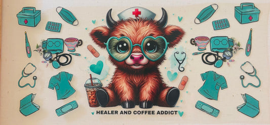 Nurse Highland Cow 16oz UV DTF Wrap