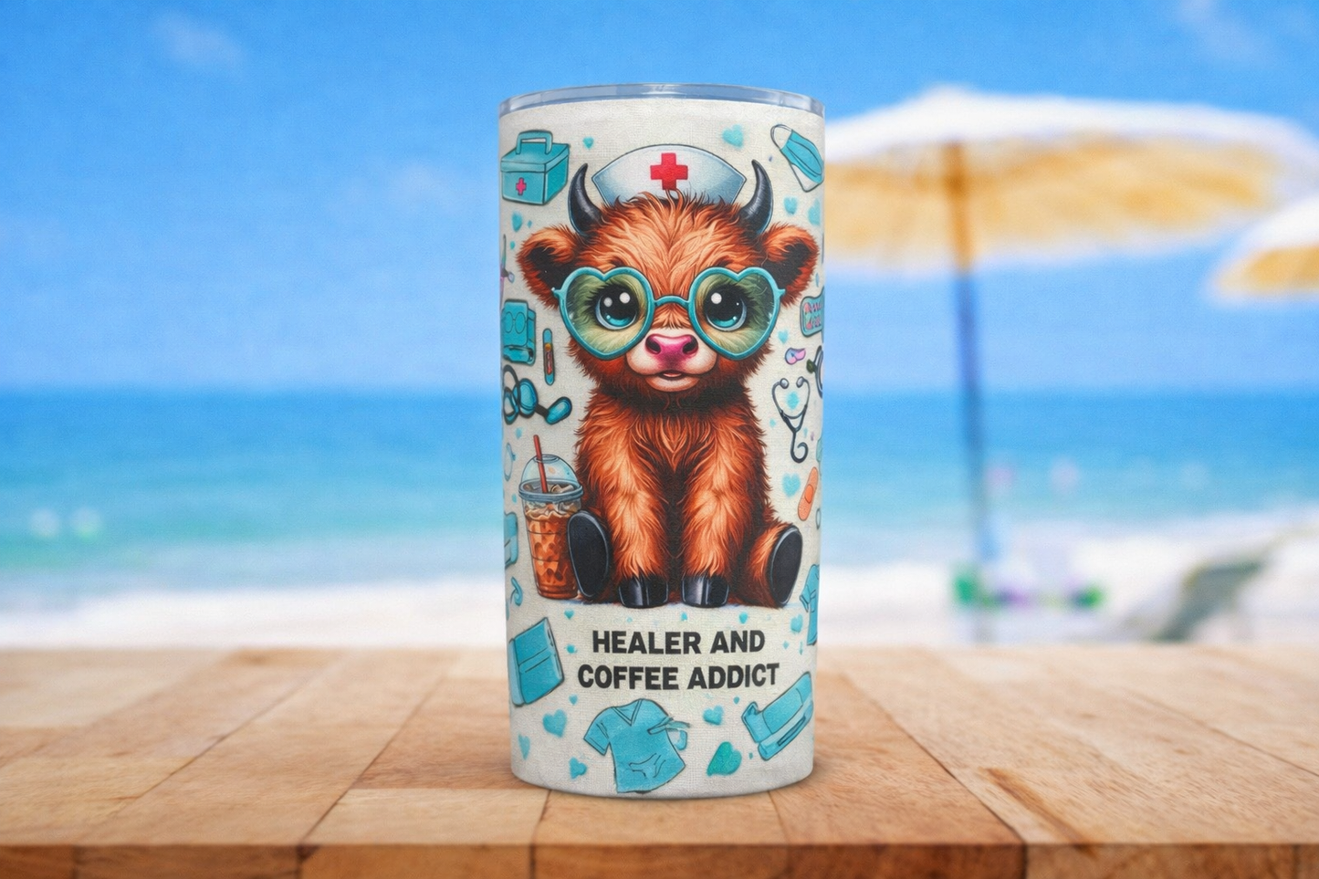 Nurse Highland Cow 16oz UV DTF Wrap