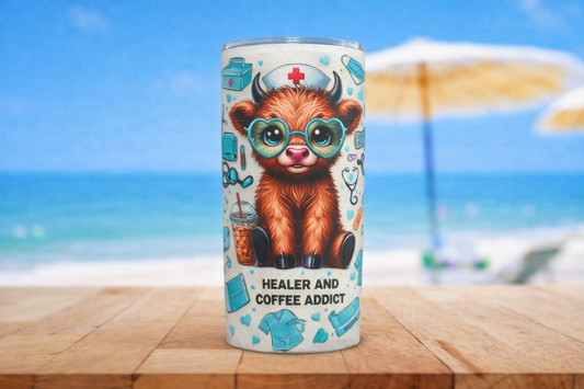 Nurse Highland Cow 16oz UV DTF Wrap